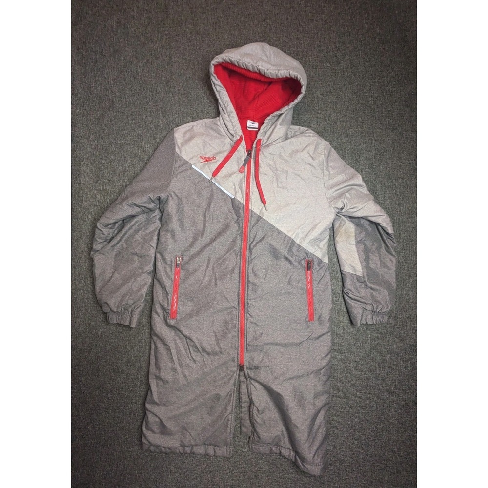SPEEDO Hooded Swim Parka Jacket Warmup Fleece Lined Grey Red XS Long Zip Up Coat